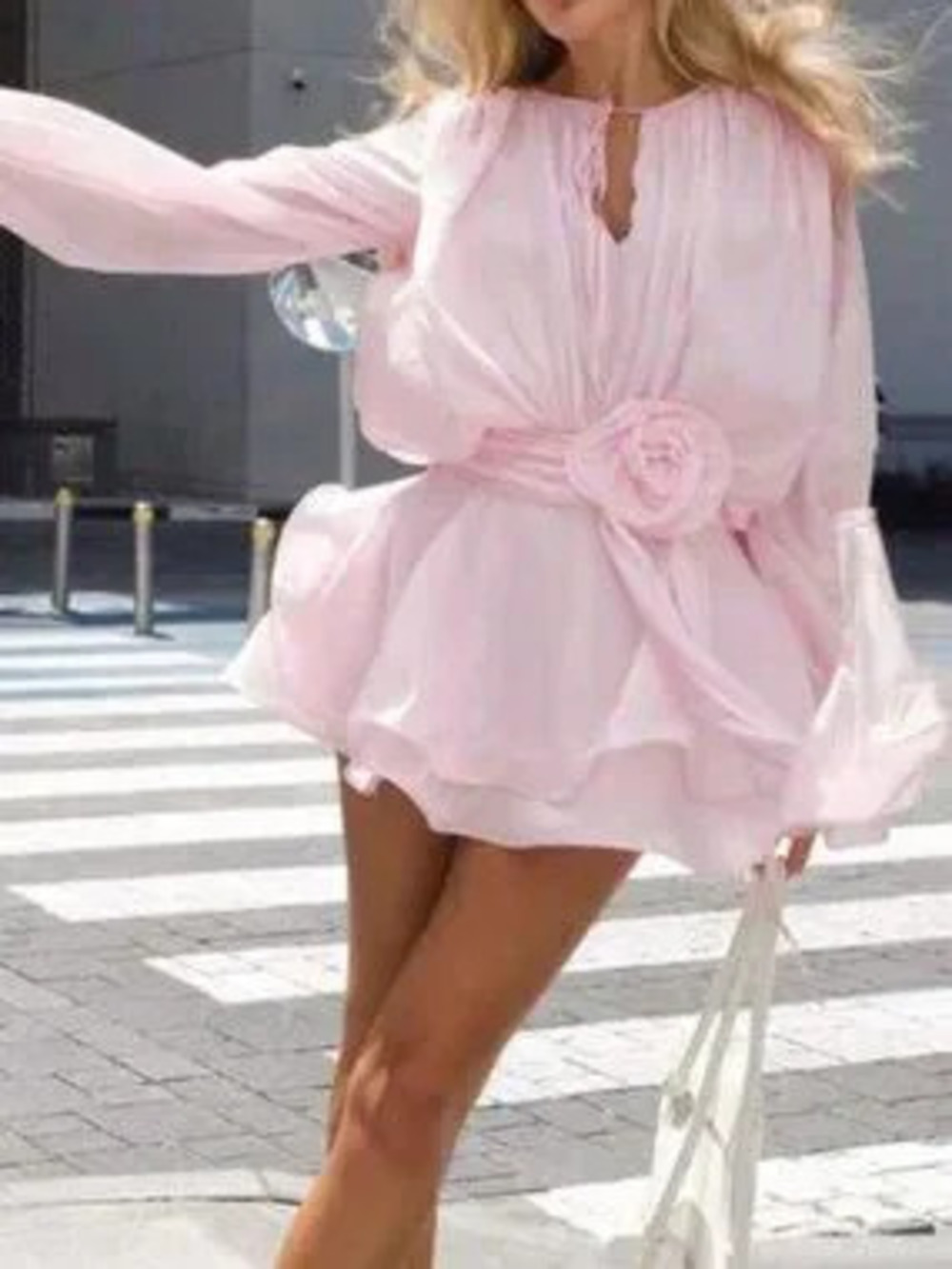 Pink Vintage Fairycore Women's 3D Flower Tie-Front Romper with Lantern Sleeve